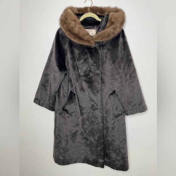Coat faux fur vintage trench Brazotta coat sz L/XL mink collar dark brown - Picture 1 of 10